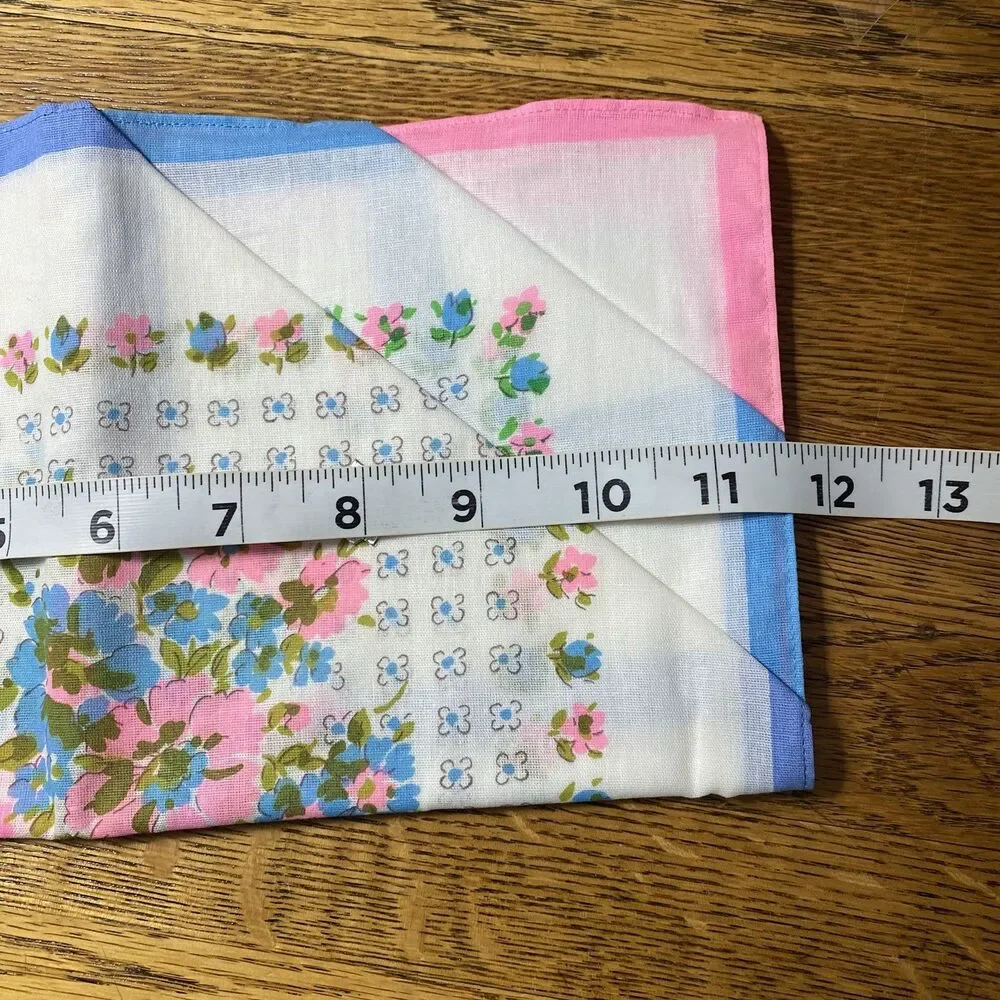 Vintage Set of 6 Handkerchiefs Blue Pink Floral NOS
